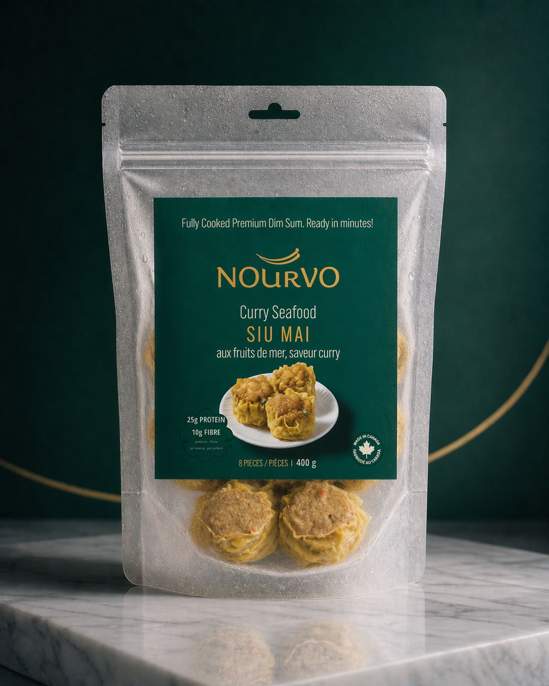 Packaged Nourvo Curry Seafood Siu Mai on a jade background